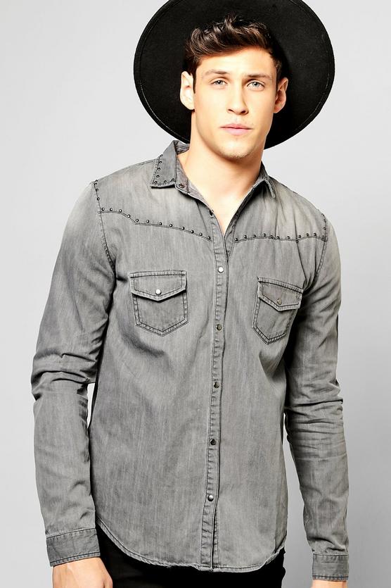 Skinny Fit Denim Shirt With Studs